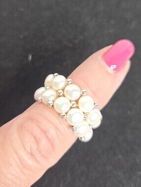 Faux Pearl Silvertone Bead Stretch Ring One Size